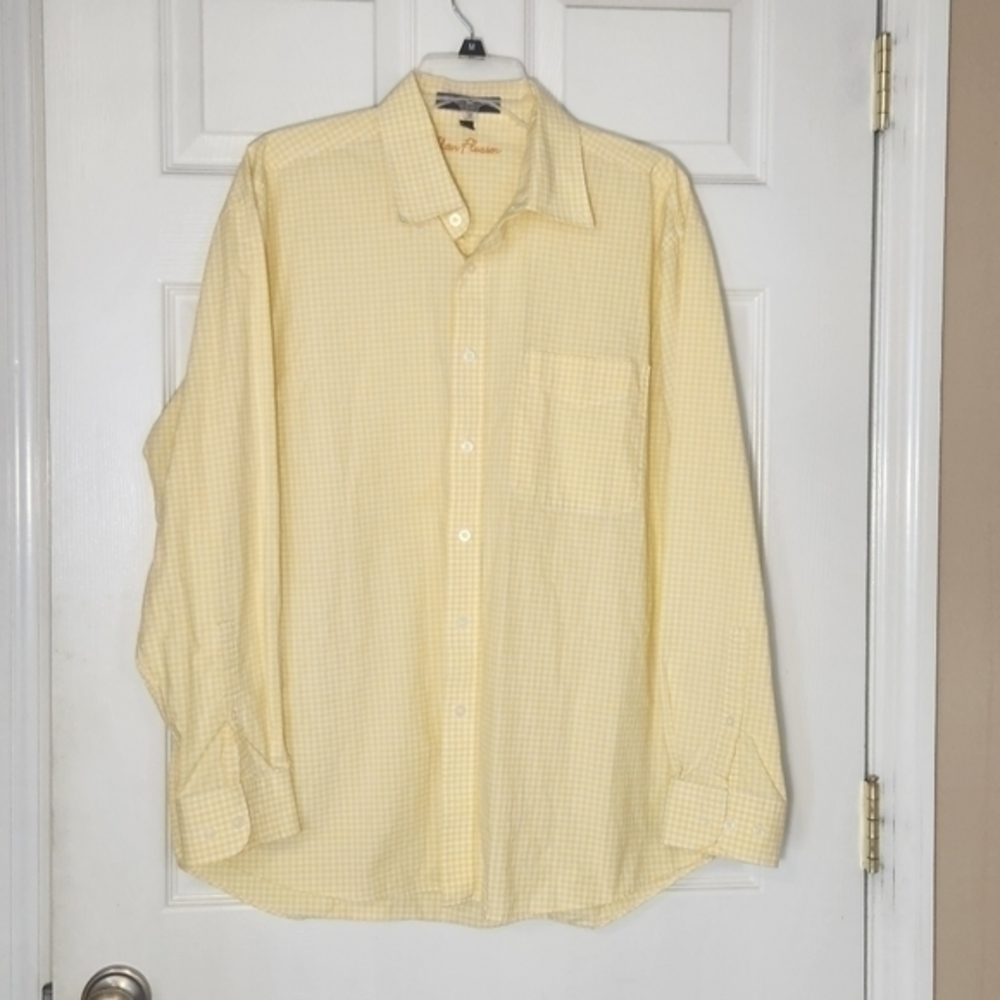 Alan Flusser Long Sleeve Button-down White Yellow Check‎ Size L Dress Shirt